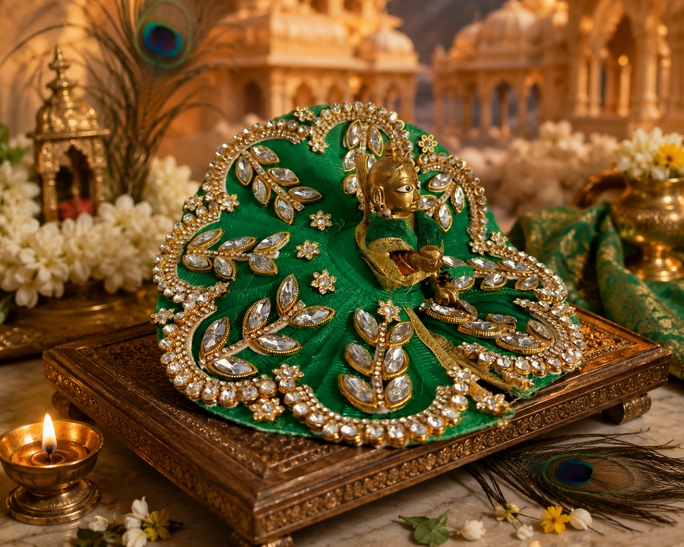 Emerald Green Velvet Laddu Gopal Poshak with Kundan & Pearl Handwork