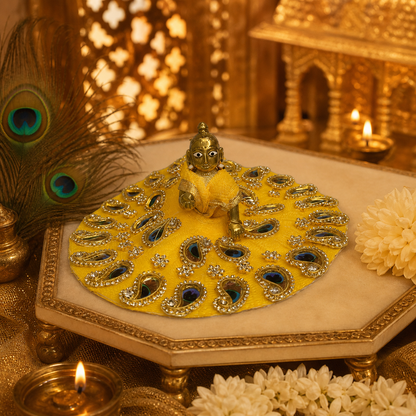 Vibrant Yellow Peacock Motif Ladoo Gopal Poshak with Zari & Stone Work