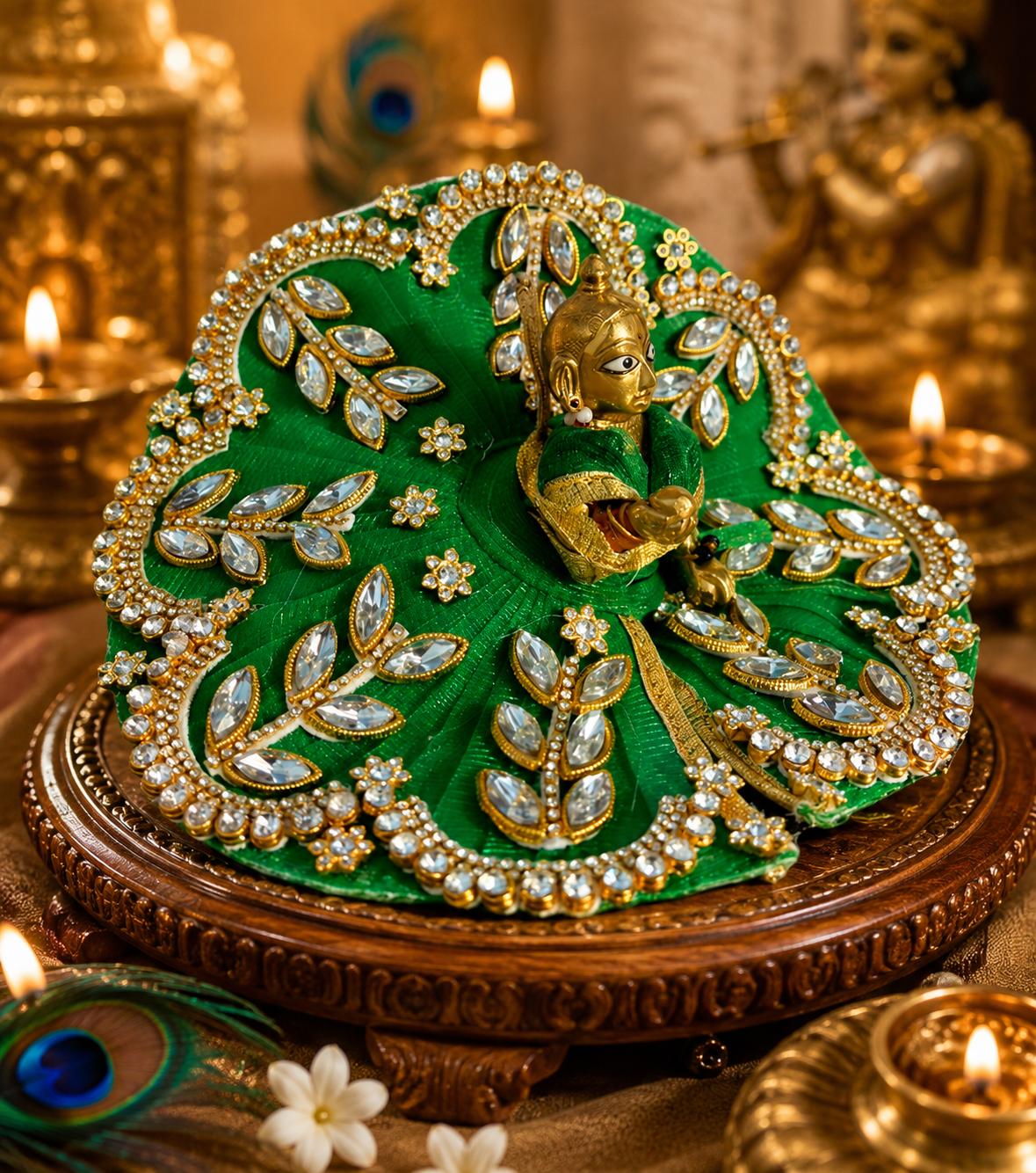 Emerald Green Velvet Laddu Gopal Poshak with Kundan & Pearl Handwork