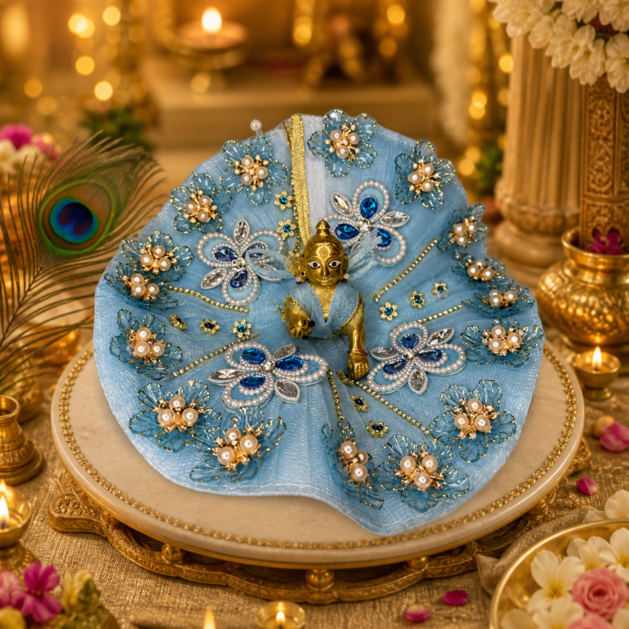 Sky Blue Floral Pearl Embellished Laddu Gopal Poshak