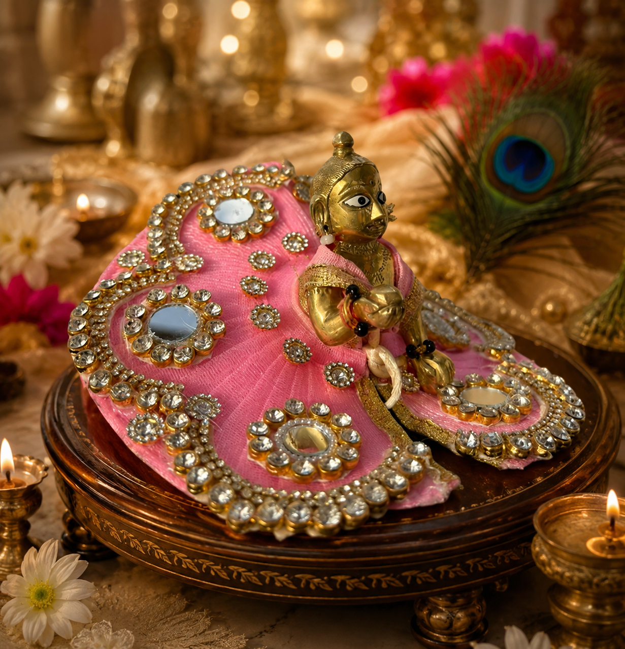Bright Pink Velvet Laddu Gopal Poshak with Mirror & Pearl Work
