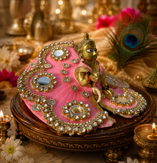 Bright Pink Velvet Laddu Gopal Poshak with Mirror & Pearl Work