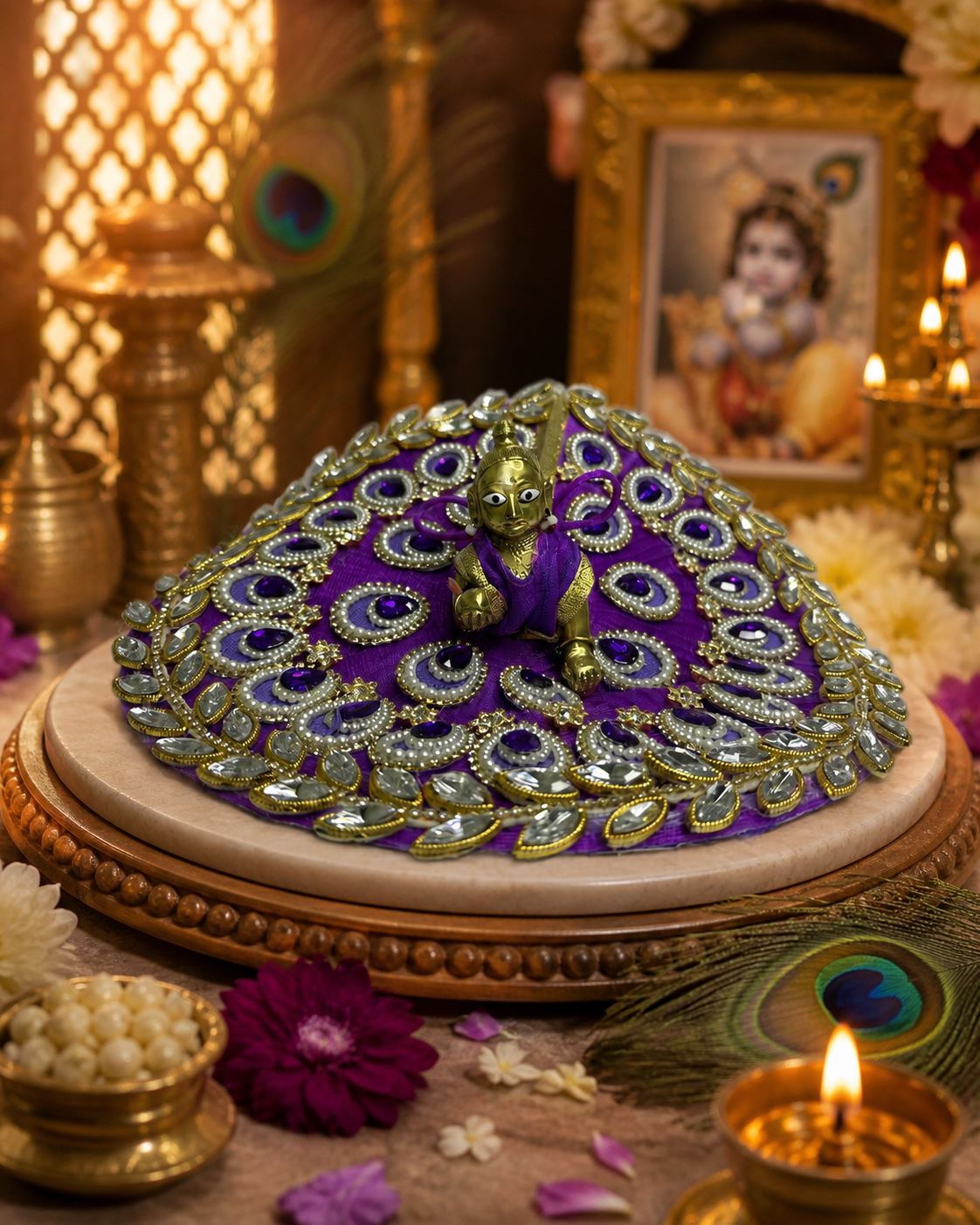Royal Purple Peacock-Themed Laddu Gopal Poshak with Zari & Stone Work