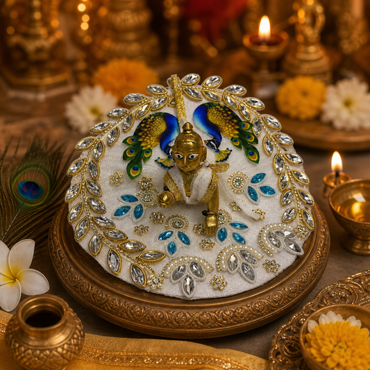 Designer Peacock Moti Laddu Gopal Poshak with Zari & Stone Work
