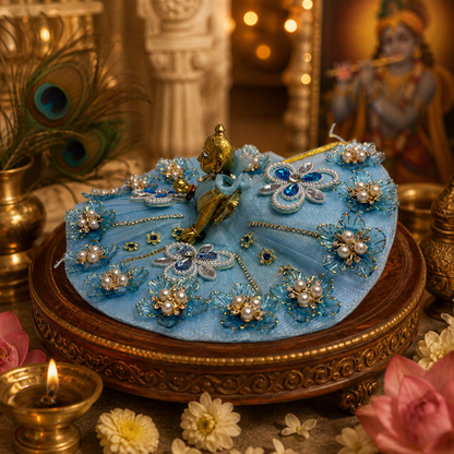 Sky Blue Floral Pearl Embellished Laddu Gopal Poshak