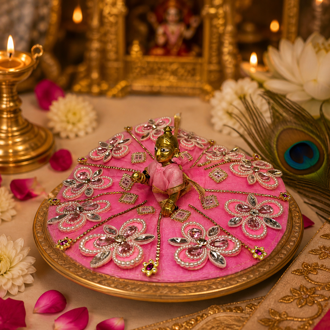 🌸Pink Floral Stone-Work Poshak for Laddu Gopal🌸