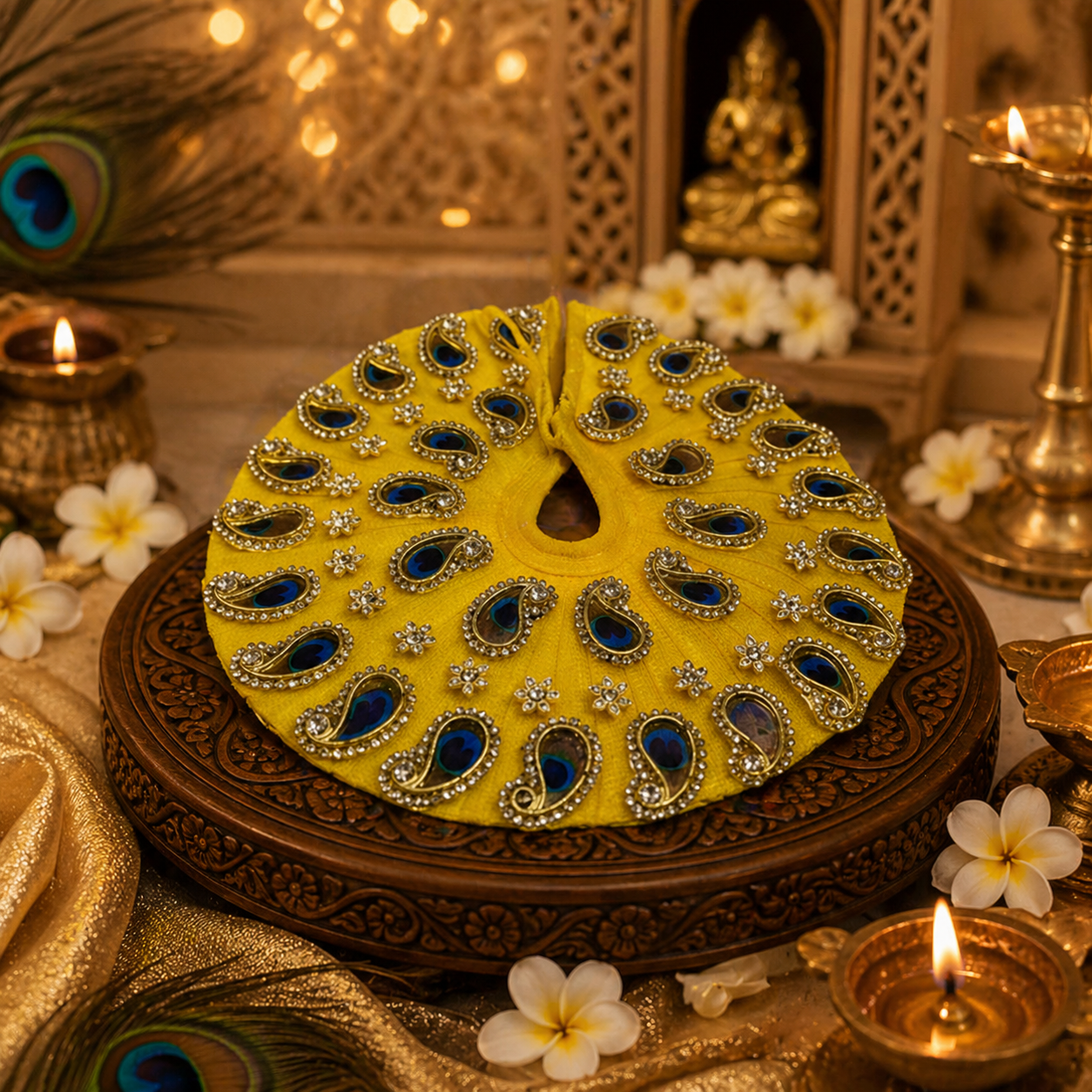 Vibrant Yellow Peacock Motif Ladoo Gopal Poshak with Zari & Stone Work