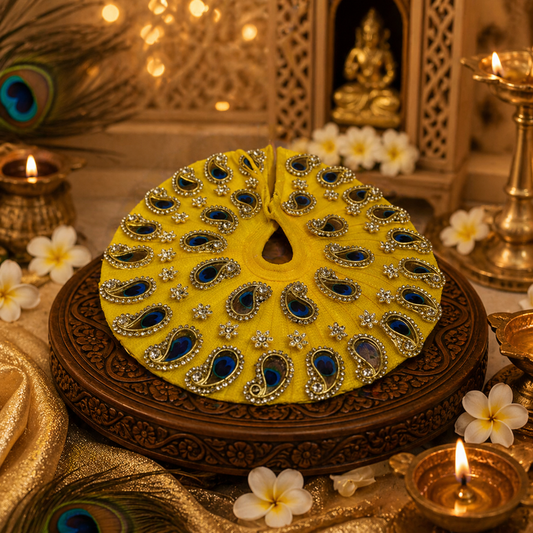 Vibrant Yellow Peacock Motif Ladoo Gopal Poshak with Zari & Stone Work
