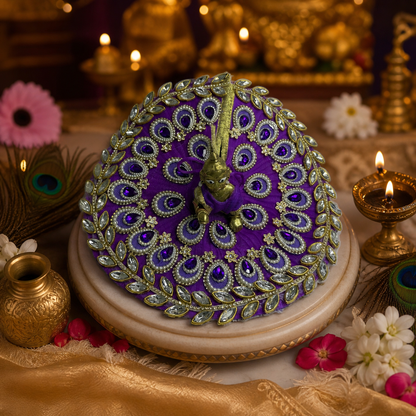 Royal Purple Peacock-Themed Laddu Gopal Poshak with Zari & Stone Work