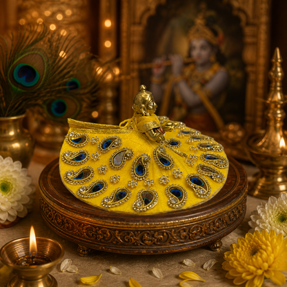 Vibrant Yellow Peacock Motif Ladoo Gopal Poshak with Zari & Stone Work
