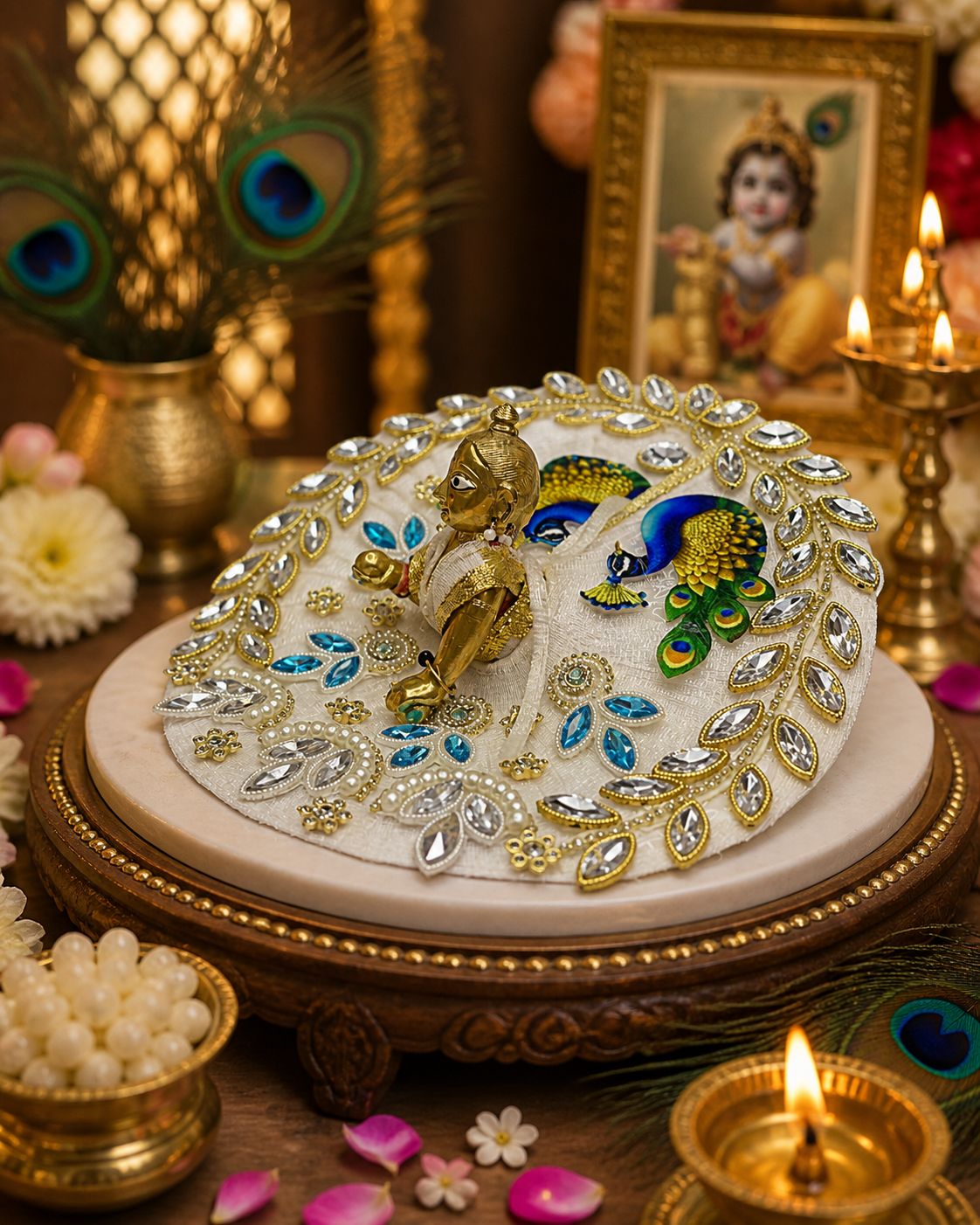 Designer Peacock Moti Laddu Gopal Poshak with Zari & Stone Work