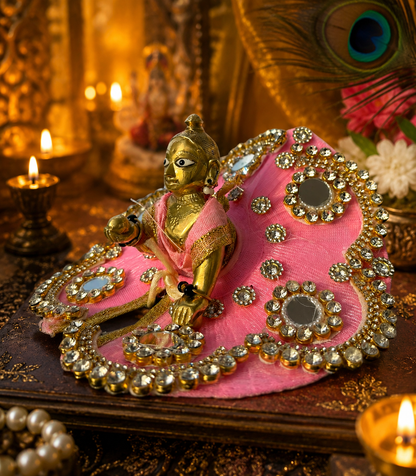 Bright Pink Velvet Laddu Gopal Poshak with Mirror & Pearl Work
