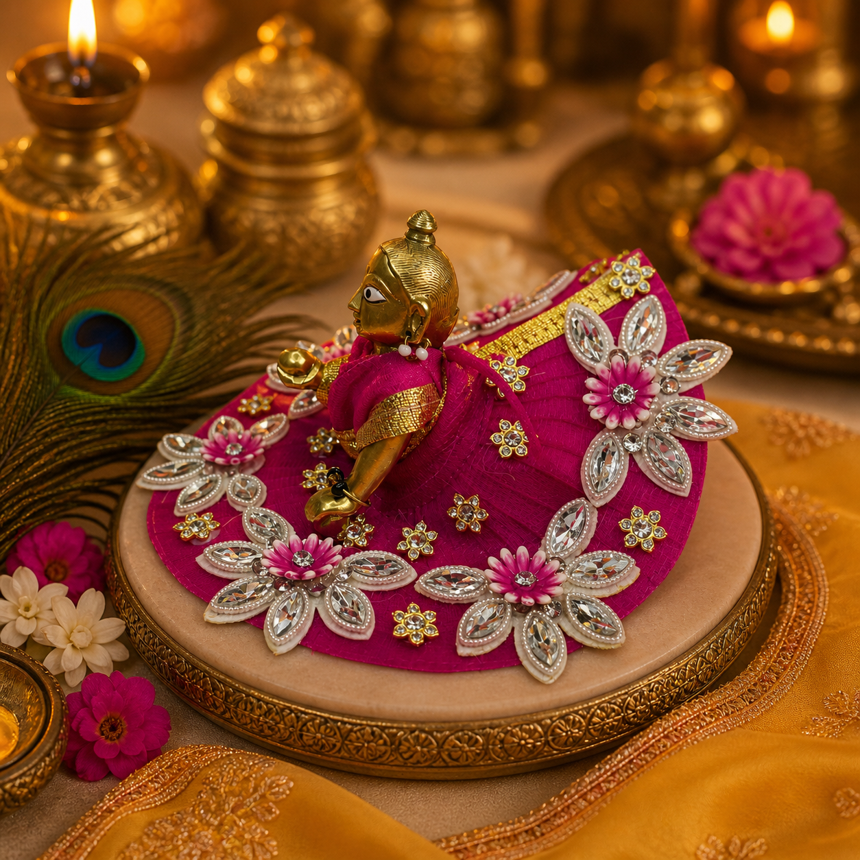 Floral Rhinestone Embellished Magenta Laddu Gopal Poshak