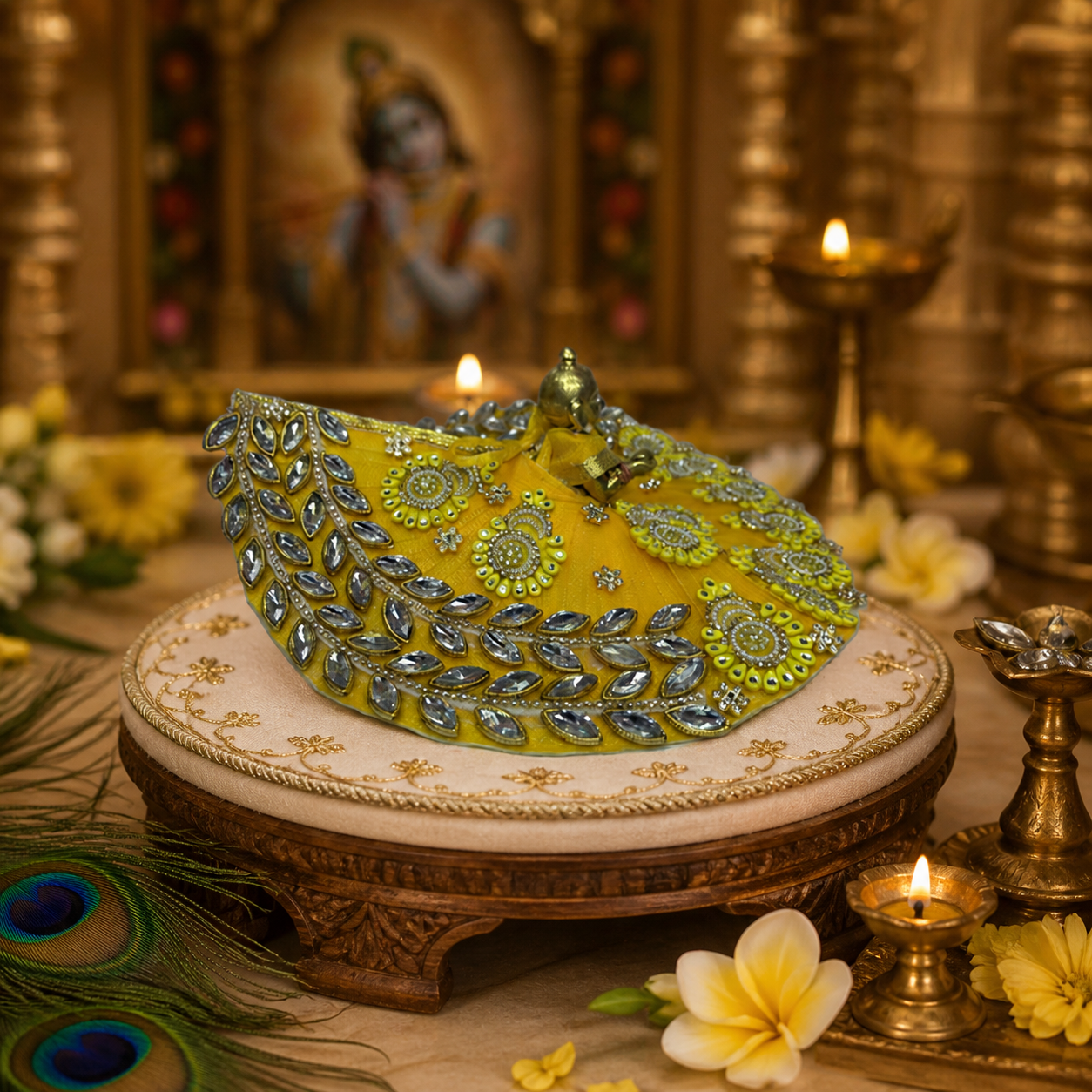 Yellow Designer Poshak for Thakur Ji with Stone & Pearl Work – Premium Dress