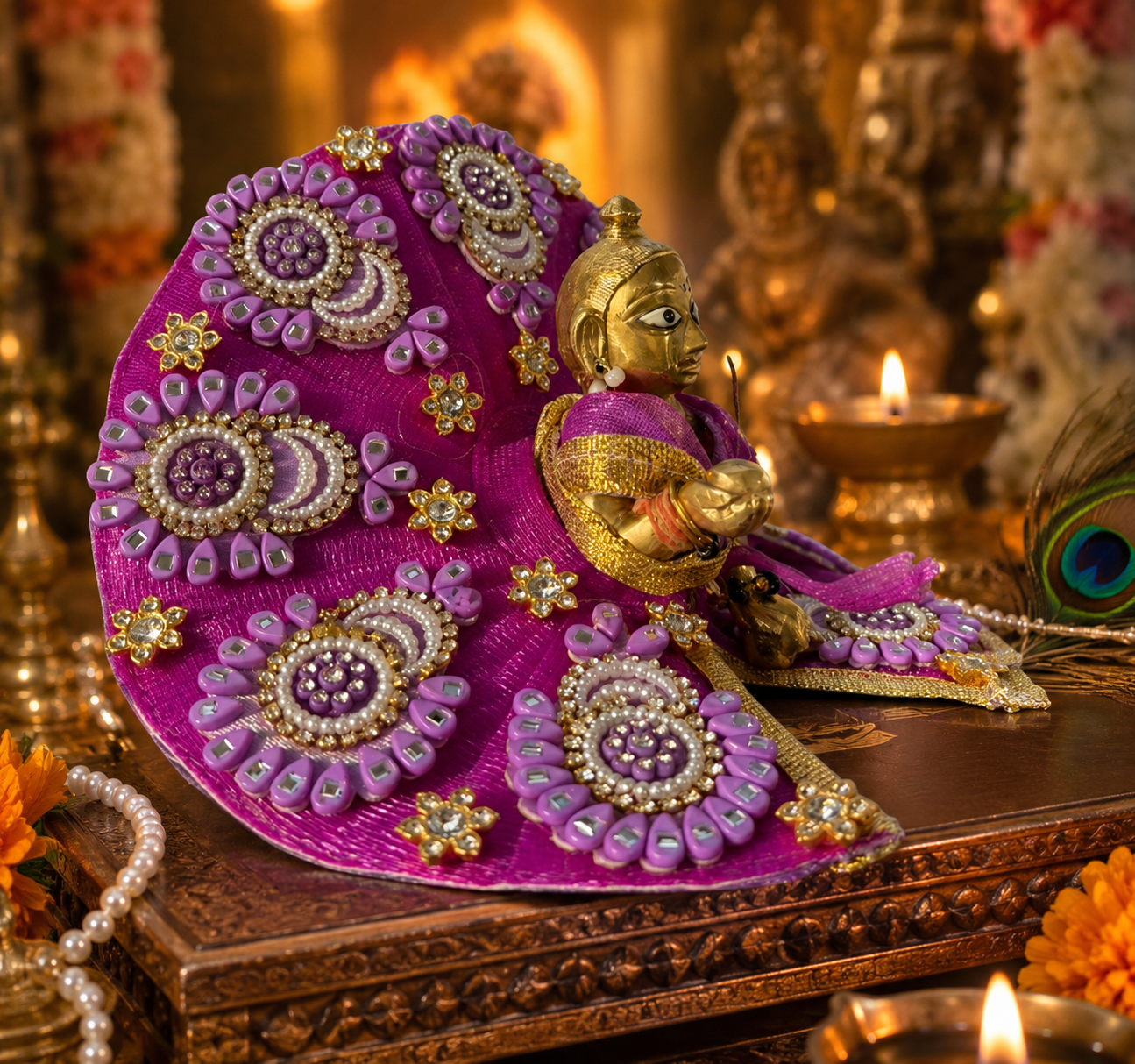 Bright Pink Velvet Laddu Gopal Poshak with Silver & Pearl Embellishments