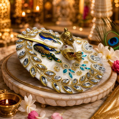 Designer Peacock Moti Laddu Gopal Poshak with Zari & Stone Work