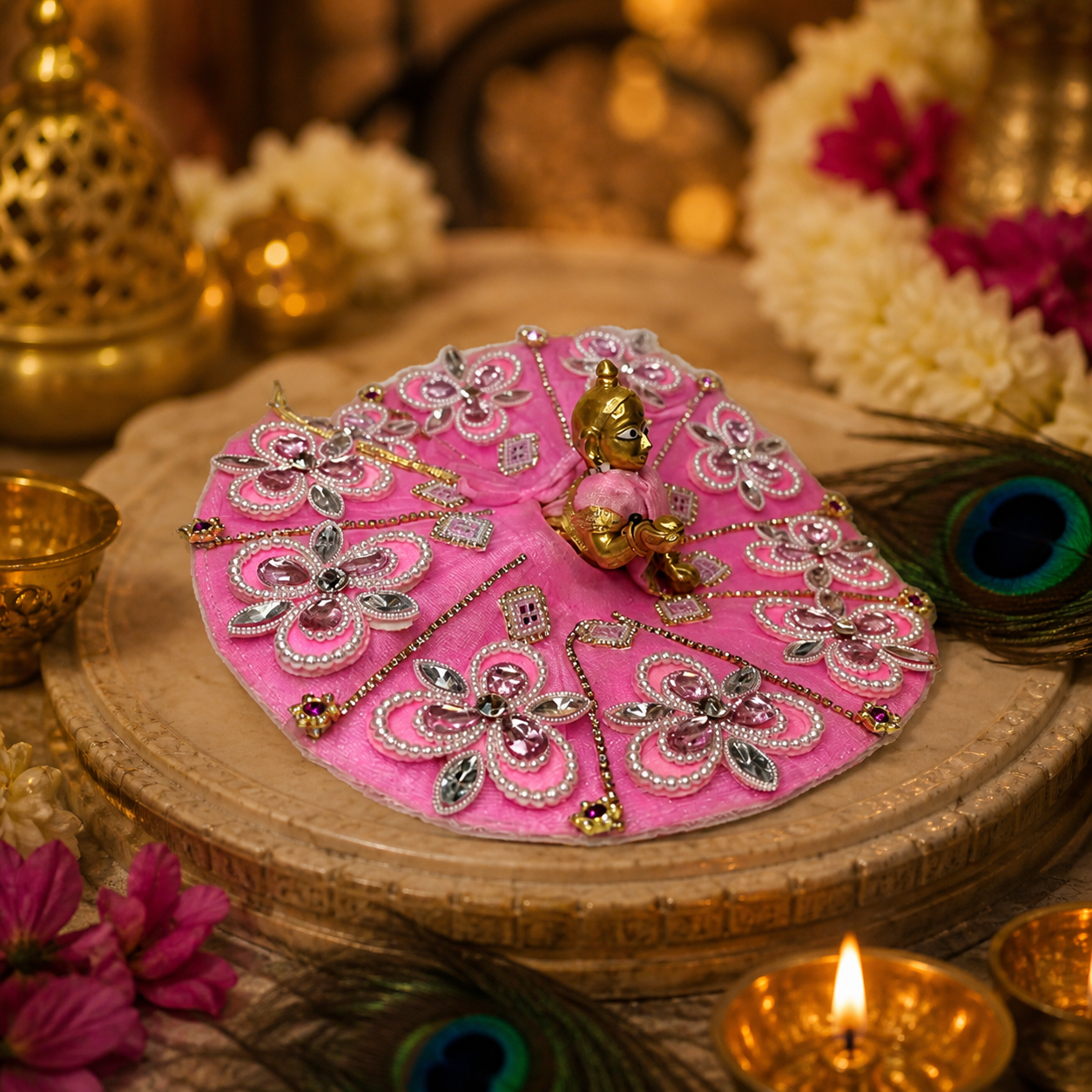 🌸Pink Floral Stone-Work Poshak for Laddu Gopal🌸