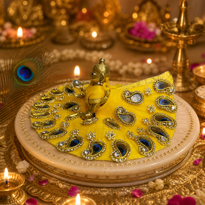 Vibrant Yellow Peacock Motif Ladoo Gopal Poshak with Zari & Stone Work