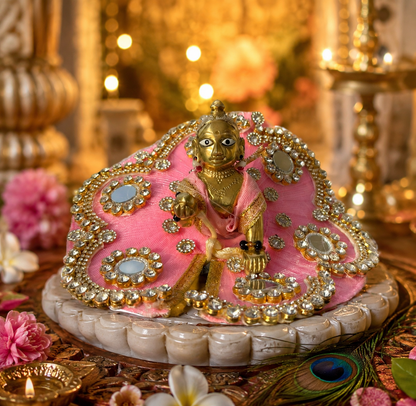 Bright Pink Velvet Laddu Gopal Poshak with Mirror & Pearl Work