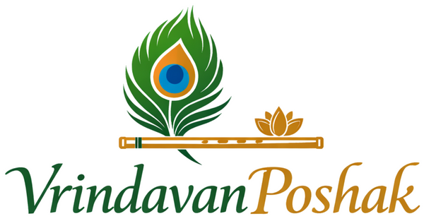 Logo of Vrindavan Poshak with a peacock feather and flute design on a white background.